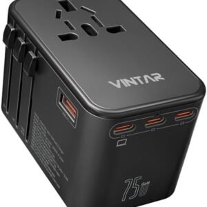 Universal Travel Adapter, VINTAR 75W GaN International Plug Adapter with 3 USB-C PD & 2 USB-A QC, All-in-One Travel Essentials for UK/EU/USA/AUS, Worldwide Power Adapter for Laptops Tablets Phones