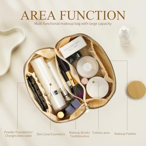 SWEET VIEW Makeup Bag, Large Capacity travel cosmetic bags, Waterproof Leather Flat Lay Toiletry Bag, Make up Organizer with Divider and Handle (Beige) - Image 2