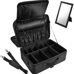 Stagiant Extra Large Makeup Case, Professional Makeup Train Case, 3 Layers Deep Makeup Organizer Box for MUA Travel Nail Cases Bag with Mirror/Shoulder Strap/Trolley Sleeve,16.5x12.6x7.5