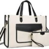 Missnine Tote Bag Canvas Laptop Bag for Women 15.6 inch Casual Work Bags with Clutch Purse Computer Shoulder Bag 2 PCS Set for Travel, Office, College