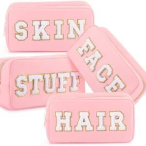 Remerry 4 Pcs Nylon Cosmetic Bag Travel Organizer Chenille Letter Makeup Pouch Zipper Preppy Waterproof Hair Bag Toiletry Pouch for Women Girls(Pink)
