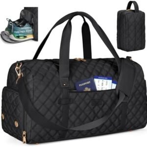 Gym Bag for Women, 40L Duffle Bag with Toiletry Bag Waterproof Weekender Carry On Bag with Shoe Compartment & Wet Pocket for Sports Yoga Travel, Black