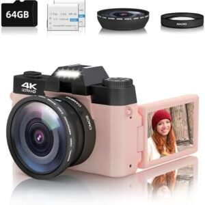 Vlogging Camera, 4K 48MP Digital Camera for Photography, 16X Digital Zoom, Vlogging Camera for YouTube with180 Degree Flip Screen, Wide Angle Lens, 2 Batteries and 64GB Micro SD Card (Pink)