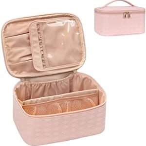 OCHEAL Makeup Bag, Portable Cosmetic Bag, Large Capacity Travel Makeup Case Organizer, Makeup Bags For Women Toiletry Bag for Girls Traveling With Handle and Divider-Pink Small Rhombic