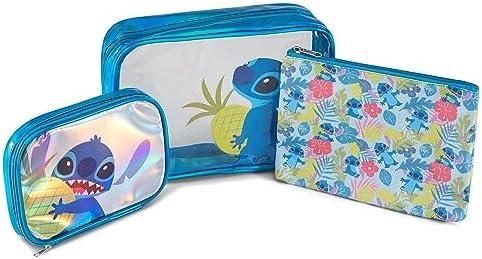 Disney Lilo and Stitch Cosmetic Case Set - Girls, Boys, Teens, Adults - Officially Licensed Lilo and Stitch Travel Cosmetic Case 3 Piece Set (Blue)