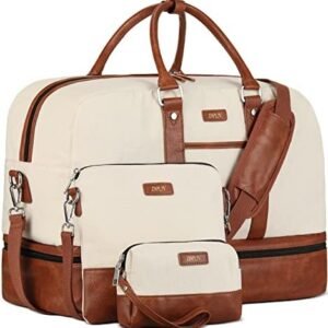 Weekender Bags for Women, Large Overnight Bag Canvas Travel Duffel Bag Carry On Tote with Shoe Compartment 21" 3Pcs Set