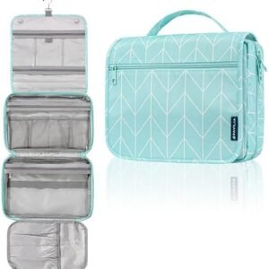 PAVILIA Hanging Toiletry Bag Women Men, Foldable Cosmetic Organizer Travel Bag, Water Resistant Makeup Bag Toiletries, Large Travel Essentials Kit (Teal Chevron)