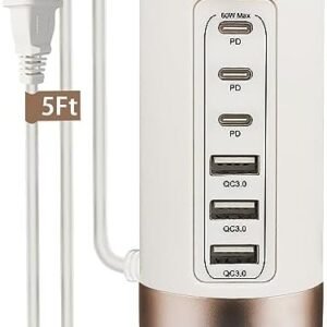 60W USB-C Charging Station for Multiple Devices, Universal 20W USB-C & 18W USB Charging Hub, Smart IC Identification Technology Charging Tower for iPhone iPad Tablets Smartphones, Home Office Use