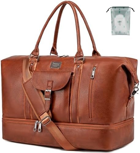 weiatas Leather Travel Duffel Bag for Women Men, Large Weekender Overnight Bag with Shoes Compartment, Waterproof Carry On Bag Travel Tote Bag Gym Bag with Luggage Strap (Brown)