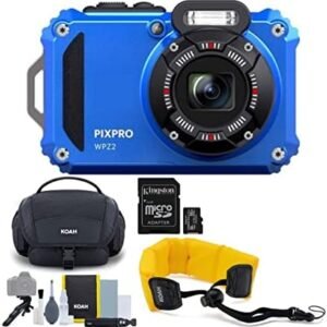 Kodak PIXPRO WPZ2 Rugged Waterproof 16MP Digital Camera with 4x Optical Zoom (Blue) Bundle with Koah Nostrand Gadget Bag, Floating Camera Strap (Yellow), and 32GB UHS-I microSDHC Memory Card (4 Items)