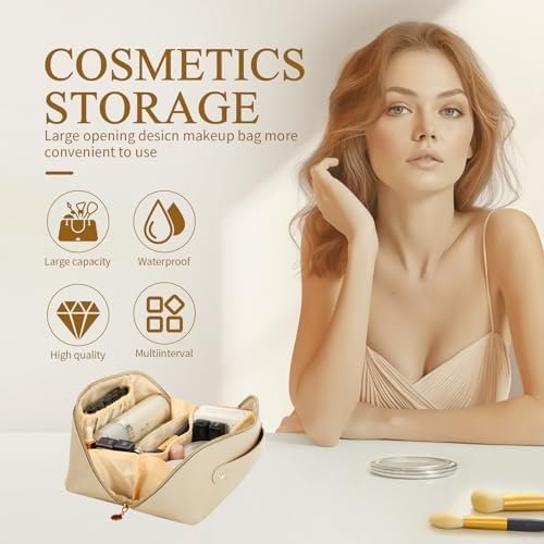 SWEET VIEW Makeup Bag, Large Capacity travel cosmetic bags, Waterproof Leather Flat Lay Toiletry Bag, Make up Organizer with Divider and Handle (Beige) - Image 6