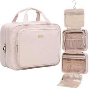 NISHEL Travel Toiletry Bag for Women Large Capacity, Travel Essentials Organizer, Hanging Makeup Case for Accessories, Cosmetics, Toiletries, Pink