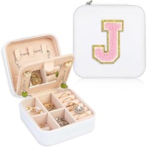 FUNARTY Travel Jewelry Case Organizer, Small Jewelry Box Jewelry Organizer, Gifts for Women Girls, Earring Jewelry Organizer Box with Mirror, White Travel Essentials Pink Initial J