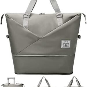 FIORETTO Womens Expandable Travel Bag Duffle Bag with Laptop Compartment, Water Resistant Gym Bag Weekend Bag Overnight Hospital Bag Holdall with Wet Pocket Grey
