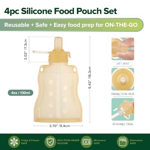 Haakaa Reusable Pouches for Baby Food, Food Grade Silicone, 4oz,4 Pack,6m+(Banana) - Image 3