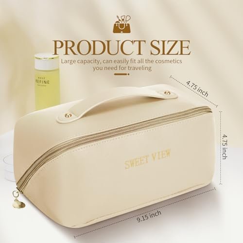 SWEET VIEW Makeup Bag, Large Capacity travel cosmetic bags, Waterproof Leather Flat Lay Toiletry Bag, Make up Organizer with Divider and Handle (Beige) - Image 4