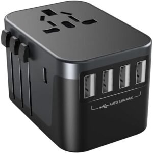 Universal Travel Adapter, Ortiny International Plug Adapter 4 USB A 1 USB C Ports, European Travel Power Adapto All-in-one Travel Charger Outlet Converter for Europe UK AUS Japan Covers 200+Countries