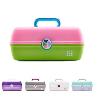 Caboodles On-The-Go Girl Makeup Box, Two-Tone Pink on Neon Green, Hard Plastic Makeup Organizer Box, Built-In Mirror, Secure Latch for Safe Travel, Spacious Storage for Large Items