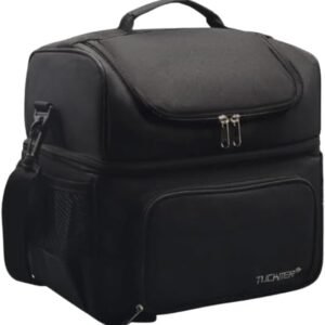 Dual Compartment Lunch Bag, Large Insulated Leakproof Cooler Tote with Shoulder Strap & Luggage Trolley Sleeve for Men & Women Lunch Box, Work, Picnic -Black