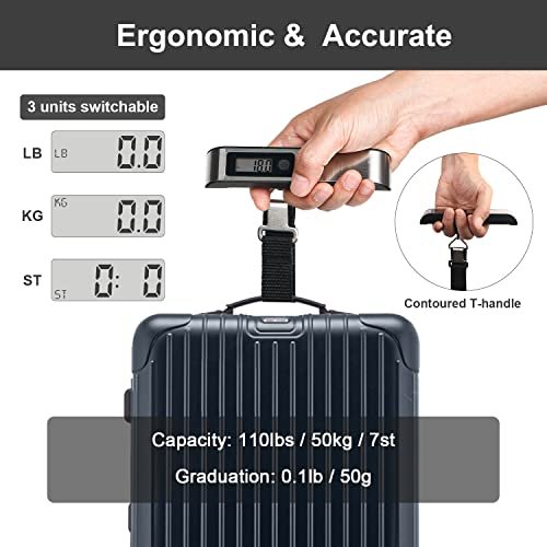 Travel Inspira Luggage Scale,Digital Luggage Scales,Baggage Scale with Overweight Alert LCD Display 110LB / 50KG (Stainless Steel, Black) - Image 4