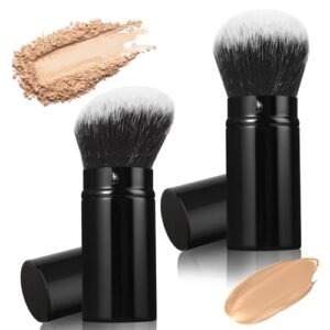 Qianyu 2 Pcs Retractable Makeup Brushes Angled Top Kabuki Brush Foundation Blush Brushes Set Travel Portable Black with Cover for Bronzer Buffing Liquid Cream and Powder Face Makeup
