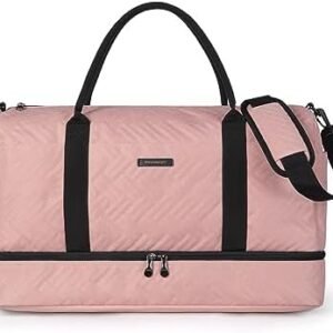 Travel Duffle Bag, BAGSMART 45L Large Carry On Bag Weekender Overnight Bag for Men Women with Shoes Compartment & Wet Pocket, Pink