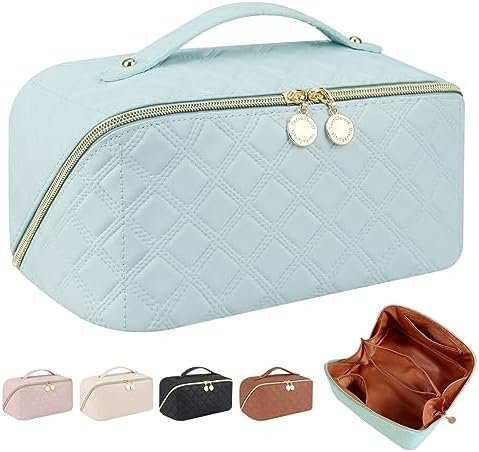 Ineowelly Makeup Bag, Large Capacity Travel Cosmetic Bag for Women, PU Leather Makeup Travel Bag Waterproof, Multifunctional Toiletry Bag with Portable Handle & Layered (Light-Blue)
