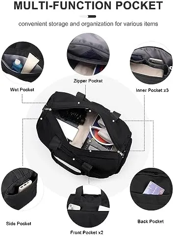 Gym Bag for Women Men, Sport Duffel Bag with Toiletry Bag & Shoe Compartment,Waterproof Travel Weekender Overnight Carry on Bag for Yoga with Trolley Sleeve, Black Set - Image 7