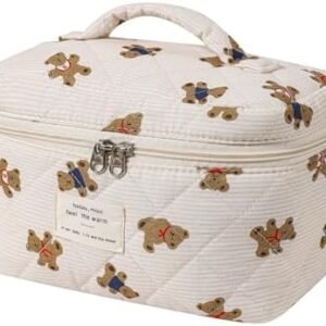 RSRSLEII Large Quilted Makeup Bag for Women and Girls, Cute Coquette Floral Cotton Cosmetic Bag, Aesthetic Travel Organized Toiletry Bags (03 Striped Bears)