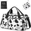WOOMADA Foldable Travel Duffel Bag with Shoes Compartment, Overnight Bag with Wet Pocket & Trolley Sleeve, Weekender Bags for Women(A-cow)