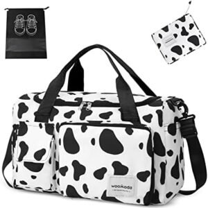 WOOMADA Foldable Travel Duffel Bag with Shoes Compartment, Overnight Bag with Wet Pocket & Trolley Sleeve, Weekender Bags for Women(A-cow)