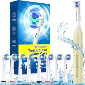 Rotating Electric Toothbrush for Adults with 8 Brush Heads (2 Types), 4 Modes Deep Clean Electric Toothbrush with Rechargeable Power and 2 Min Smart Timer, Fast Charge (Yellow)