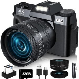 2024 Upgrade VJIANGER Digital Camera for Photography 4K 48MP Vlogging Camera for YouTube with WiFi, 180 Degree Flip Screen, 16X Digital Zoom, 52mm Lens, 2 Batteries, 32GB TF Card(W02-Black35)
