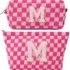 SOIDRAM 2PCS Initial Makeup Bag Personalized Cosmetic Bag Preppy Makeup Pouch Checkered Letter Patch Makeup Bag Makeup Brushes Aesthetic Accessories Storage Bag for Women (Letter M)