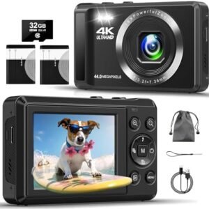 Digital Camera - 4K 44MP UHD Digital Cameras for Photography - Autofocus Point and Shoot Vlogging Camera with 16X Zoom, 32GB SD Card, 2 Batteries - Compact Small Camera for Kids Teens Boys Girls