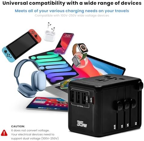 PD 35W Universal Travel Adapter Worldwide - 6in1 Powerful European Travel Plug Adapter with 3 USB-A, 35W PD Fast Charging Port USB C Wall Charger - All in One International Plug Adapter - Image 5