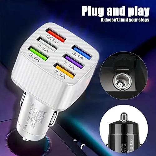 Ajxn Pack-1 Car Charger Adapter, 6 USB Multi Port Fast Charger, QC3.0 USB Fast Charger, Universal for Most Cell Phones, iPhone (White) - Image 3