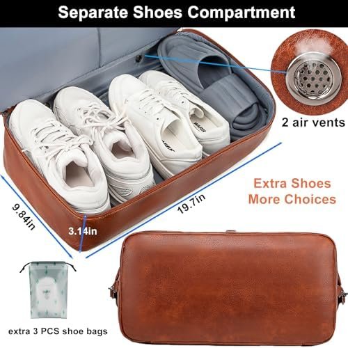 weiatas Leather Travel Duffel Bag for Women Men, Large Weekender Overnight Bag with Shoes Compartment, Waterproof Carry On Bag Travel Tote Bag Gym Bag with Luggage Strap (Brown) - Image 3