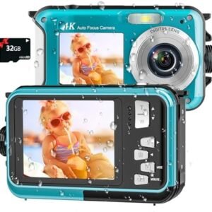 4K Underwater Camera 11FT Waterproof Camera with 32GB Card 48MP Autofocus Dual-Screen Selfie Underwater Camera for Snorkeling Waterproof Compact Floatable Digital Camera 1250mAh Battery Type-C (Blue)