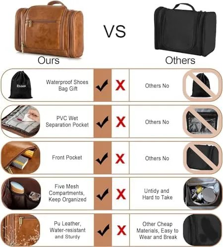 Elviros Travel Hanging Toiletry Bag for Women and Men, Large PU Leather Toiletries Organizer, Water-resistant Bathroom Shaving Kit for Cosmetics, Makeup Case (Large, Brown) - Image 6