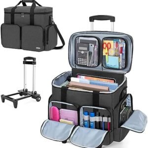 CURMIO Rolling Teacher Tote Bag with Padded Laptop Compartment for up to 15.6 Inches Laptop, Wheeled Teacher Bag for Teaching, Office, Craft, Black