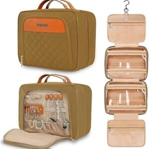TOUCHFEEL Hanging Toiletry Bag for Women, Travel Makeup Bag Organizer, Extra Large Toiletries Bag, Water-resistant Bathroom Cosmetic Bag with Jewelry Organizer Compartment (Brown, Large)