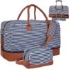 Inspack Duffle Bag with Shoe Compartment and Toiletry Bag for Women/Men, 45L Gym Sports Bags with Trolley Sleeve, 22x14x9 Weekender/Carry on/Travel Tote/Duffel/Overnight Bags（Blue-White Stripe）