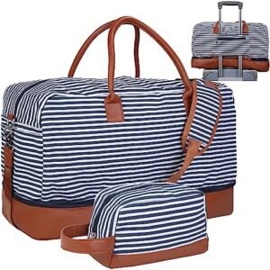 Inspack Duffle Bag with Shoe Compartment and Toiletry Bag for Women/Men, 45L Gym Sports Bags with Trolley Sleeve, 22x14x9 Weekender/Carry on/Travel Tote/Duffel/Overnight Bags（Blue-White Stripe）