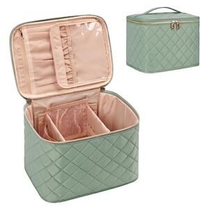 OCHEAL Makeup Bag,Large Travel Makeup Bag Organizer Cosmetic Bags for Women Washable Make Up Bag Makeup Organizer Case with Dividers - Large,Embossed Rhombus Green