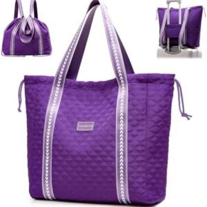 FIORETTO Womens Quilted Travel Tote Bag Duffle Bag with Trolley Sleeve, Gym Weekender Overnight Hospital Bag with Double Shoulder Strap, Water-Resistant Carry On Hand luggage Bag Holdall Purple
