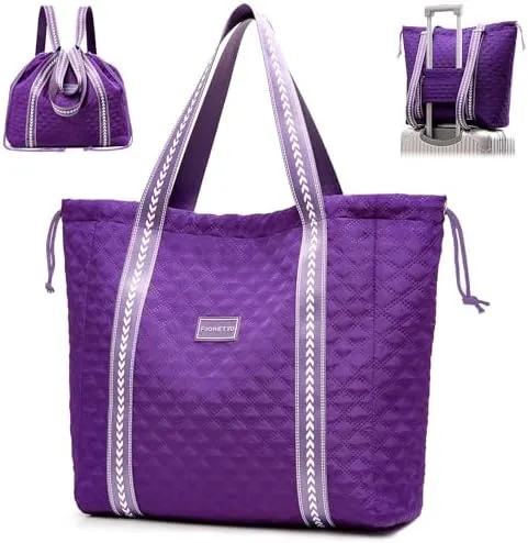 FIORETTO Womens Quilted Travel Tote Bag Duffle Bag with Trolley Sleeve, Gym Weekender Overnight Hospital Bag with Double Shoulder Strap, Water-Resistant Carry On Hand luggage Bag Holdall Purple