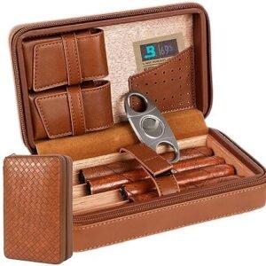 Humidor for up to 4 cigar. Woven textured style leather to hold your 69 humidor pack , interior made of cedar wood with cigar cutter, cigar case, cigar humidor for easy portability and travel