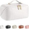 ALEXTINA Large Capacity Travel Cosmetic Bag - Portable Makeup Bags for Women Waterproof PU Leather Checkered Makeup Organizer Bag with Dividers and Handle,Toiletry Bag for Cosmetics
