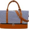 Bodaon Weekender Bag for Women/Men, Sports Gym Tote Bags, Carry on Overnight Duffel, Carrying Weekend Travel Bags for Ladies, Canvas& PU Leather with Shoe Compartment Duffle (Blue Strips)